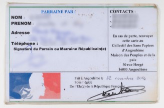Verso d'une carte de parrainage républicain anonymisé du Collectif Accueil Migrants de Barbezieux.