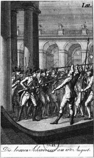 Révolution de 1789. "Les braves Suisses" défendant les Tuileries, le 10 août 1792. Gravure de Schubert. Paris, B.N.F. © Roger-Viollet 