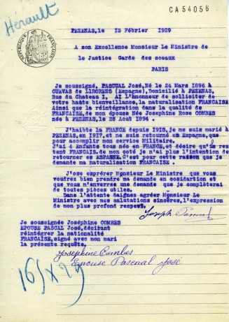 Demande de naturalisation de José Pascual et de sa femme, née Joséphine Combes, citoyens espagnols, 1929 ; document conservé aux Archives nationales, Paris (cote 5-014) © Cliché Atelier photographique des Archives nationales